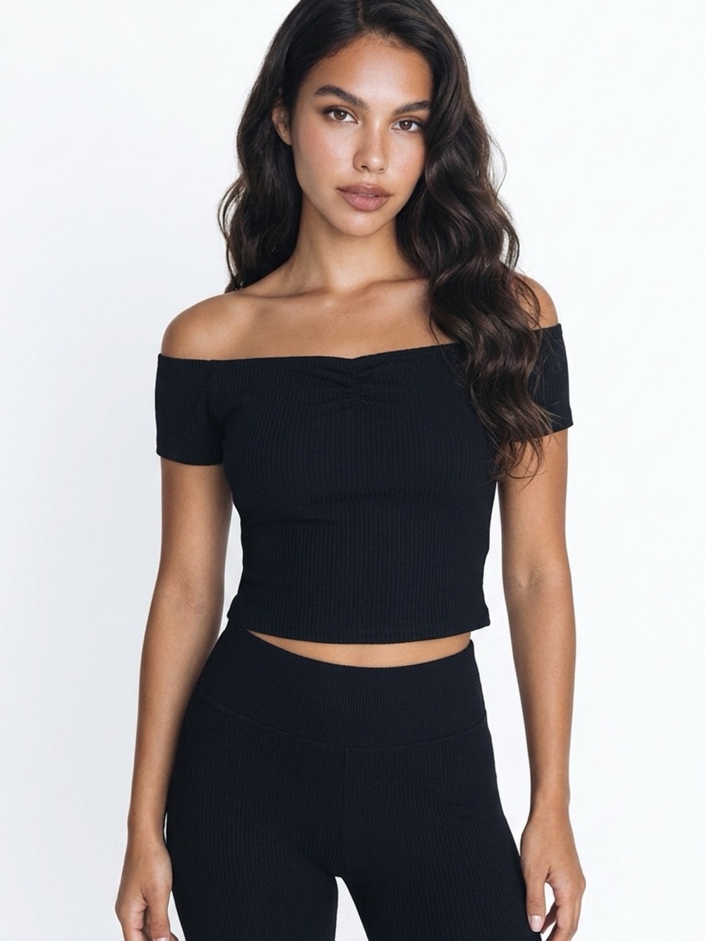 SO | Black Off-Shoulder Ribbed Crop Top Women’s Size Medium